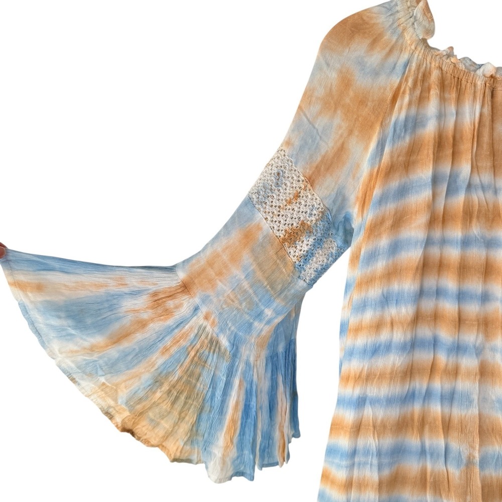 Boho Tie Dye Peasant Top Womens Sz M Bell Sleeve Crochet Festival Beachy Hippie